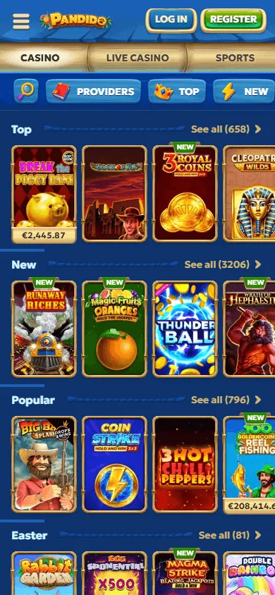 Pandido Casino games area on a mobile device