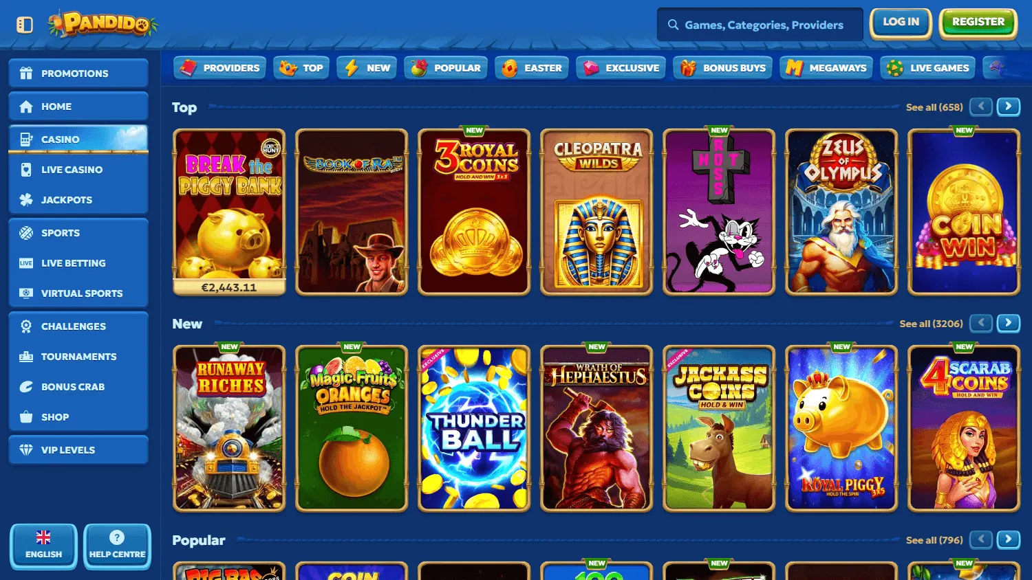 Pandido Casino games area on desktop