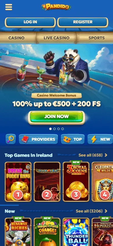 Pandido Casino homepage on a mobile device