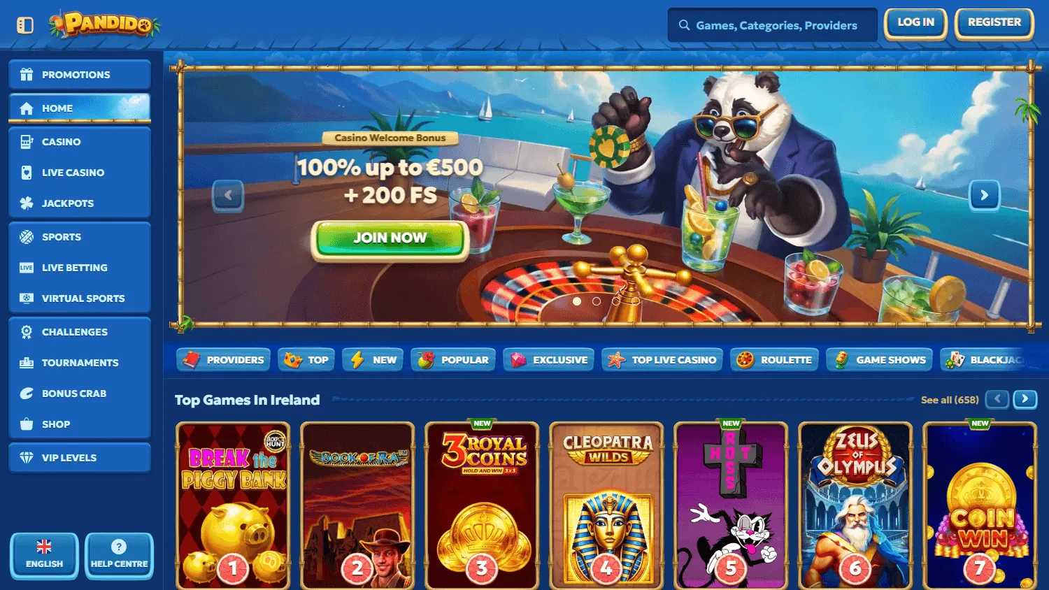 Pandido Casino homepage on desktop