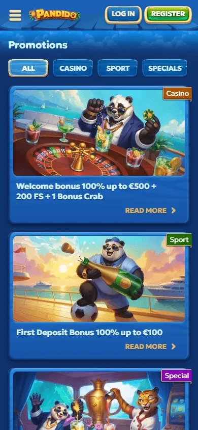 Pandido Casino promotions area on a mobile device