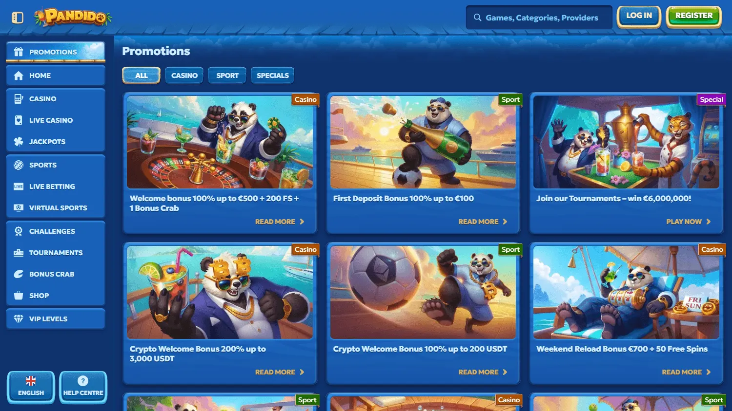 Pandido Casino promotions area on desktop